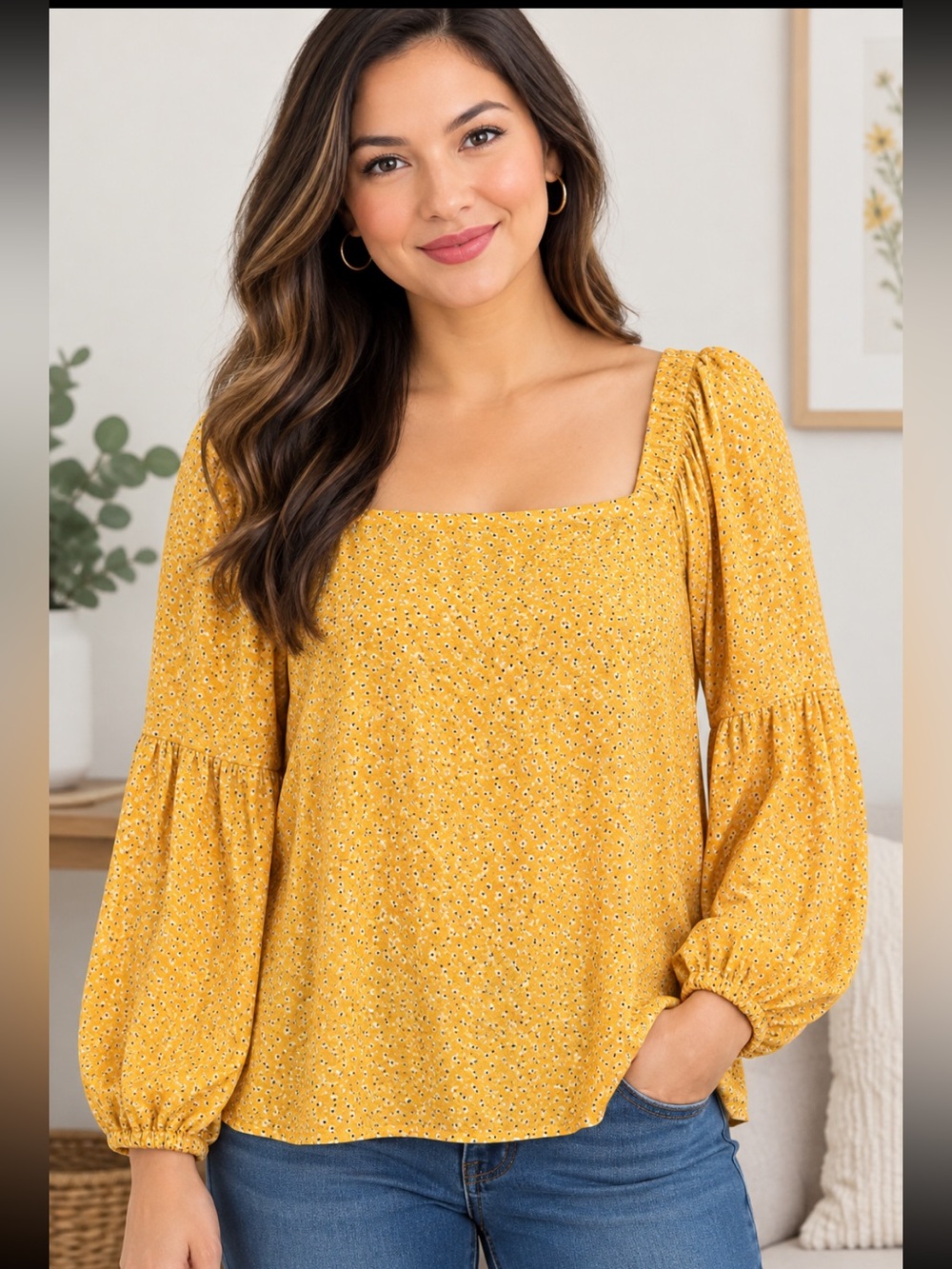 Michael Kors Square Neck Puff Long Sleeve Yellow Blouse XL